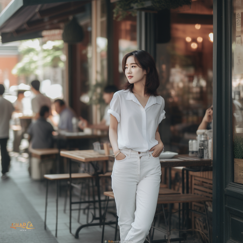Pretty Korean woman walking in front of city cafe