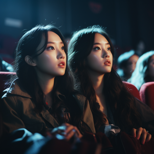 Two focused Kpop women in cinema
