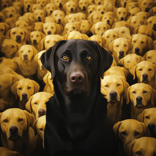 Yellow Labrador surrounded by black Labradors
