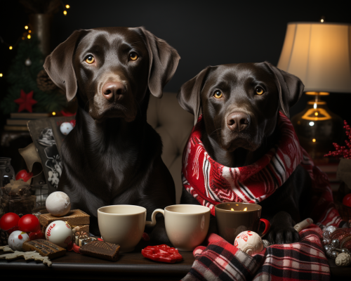 Two happy dogs enjoying coffee