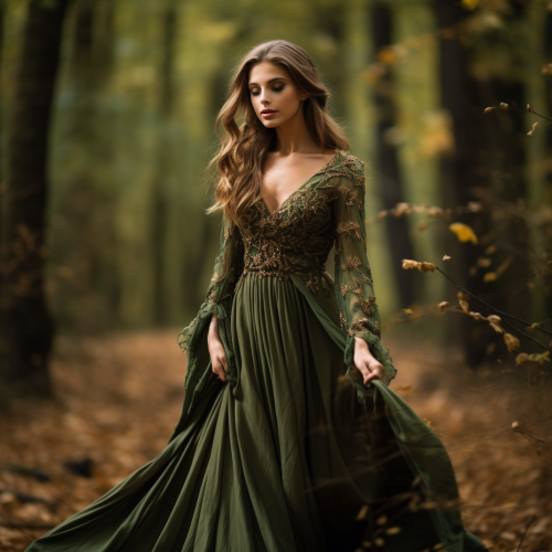 Elegant lady in green dress standing in forest Elegant lady in green dress standing in forest