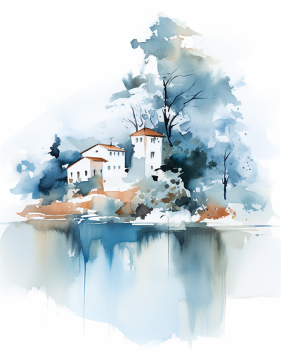 Expressive watercolor sketch of a mansion near Lake Como