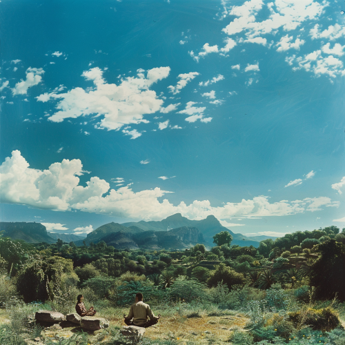 Couple meditating under blue sky