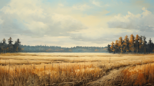 Beautiful landscape painting with cornfield and forests