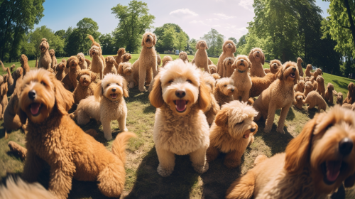 Group of Apricot Labradoodles playing in the yard
