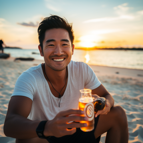 Smiling Asian man enjoying beach sunset