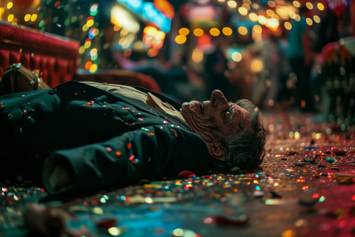 Man asleep on bar floor with confetti and streamers