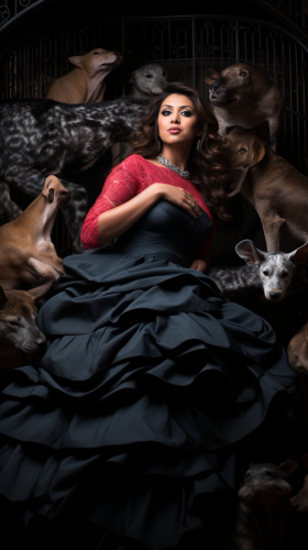 Pregnant woman with diverse mammals in fine art editorial photography