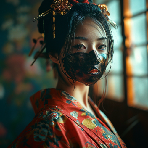 Latina geisha in cast iron oni mask