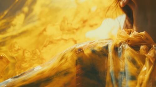 Laughing woman covered in wet red plaster strips