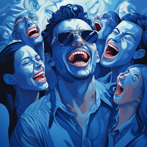 Group laughing around person with crying face