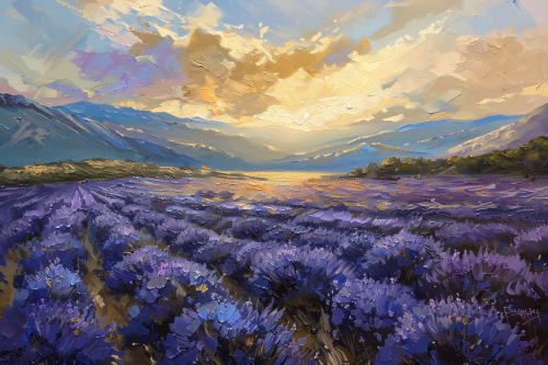 Oil painting lavender field sunset mountains