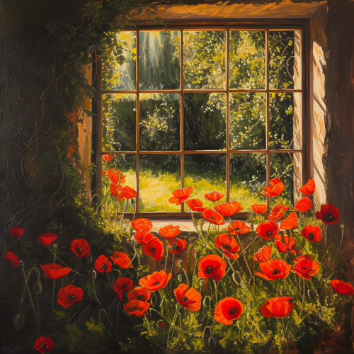 Red Poppies on Lawn Window Red Poppies on Lawn Window