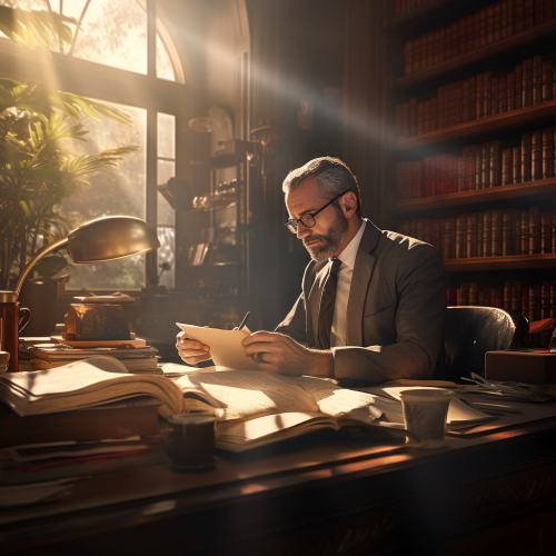 Lawyer sipping coffee at desk with papers and lawbooks