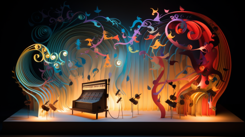 Whimsical layered paper art musical sound machine