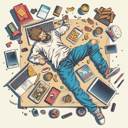 Lazy Man on Desk with Gadgets