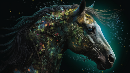 Harmony and Unity: Leader touching horse's mane in lush landscape Harmony and Unity: Leader touching horse's mane in lush landscape