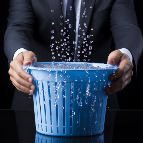 Hand holding leaking plastic bucket with water