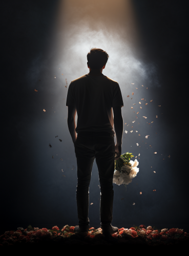 Lean guy holding flower bouquet looking up sadly Lean guy holding flower bouquet looking up sadly