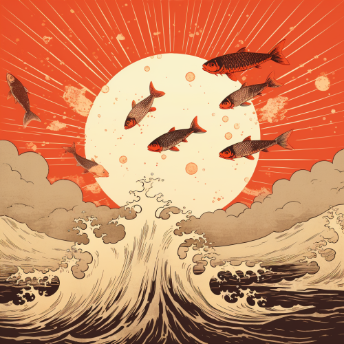 Fishes leaping out of water in Japanese art
