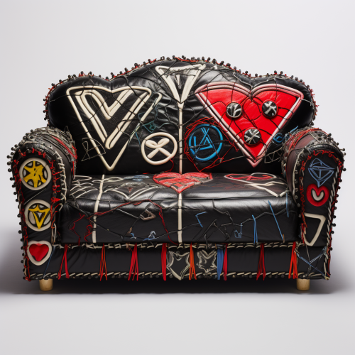 Leather couch with intricate embroidery