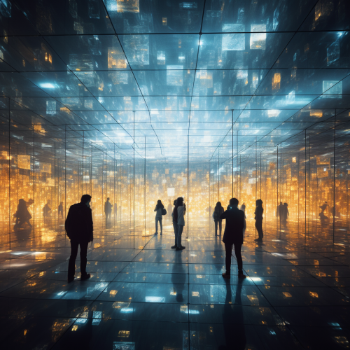 Couples hugging in LED panel room