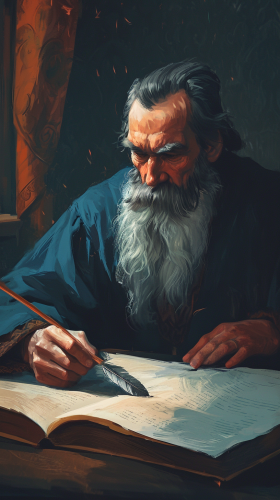 Leo Tolstoy thoughtful writing pose
