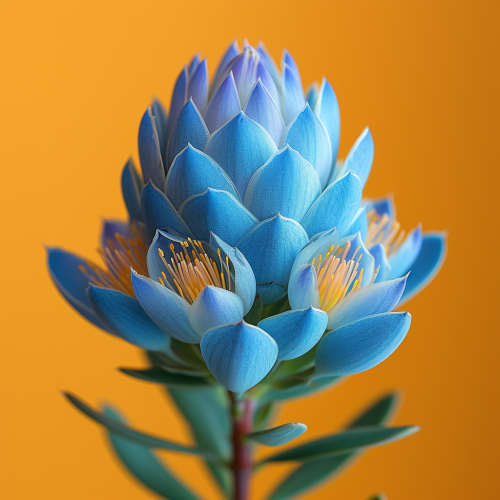 Teal Blue Leucadendron Flower on Yellow Background