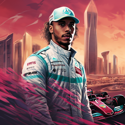 Lewis Hamilton with Mercedes F1 Racing Car in Doha Skyline