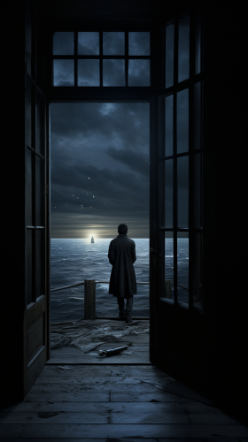 Enchanting lighthouse gazing into dark moonlit horizon Enchanting lighthouse gazing into dark moonlit horizon