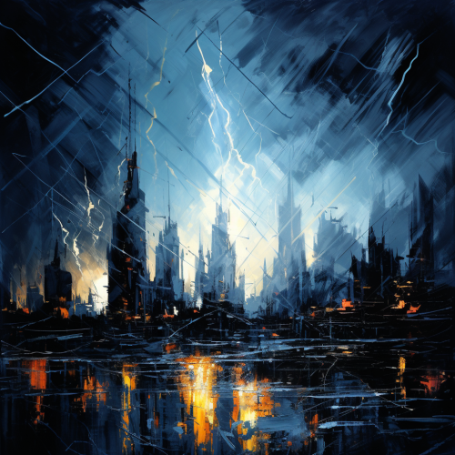 Abstract painting of lightning striking city skyline