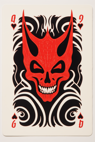 Devil-themed playing card linocut