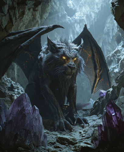 Half lion, half bat creature with purple crystals in moody cave Half lion, half bat creature with purple crystals in moody cave