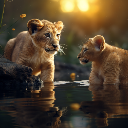 Adorable lion cub reflecting golden light