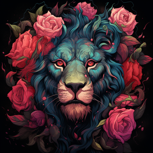 Colorful lion and roses illustration
