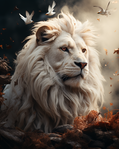 A realistic lion fighting against a white-feathered swallow