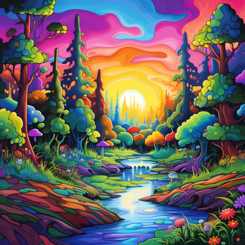 Colorful forest with Lisa Frank airbrush style