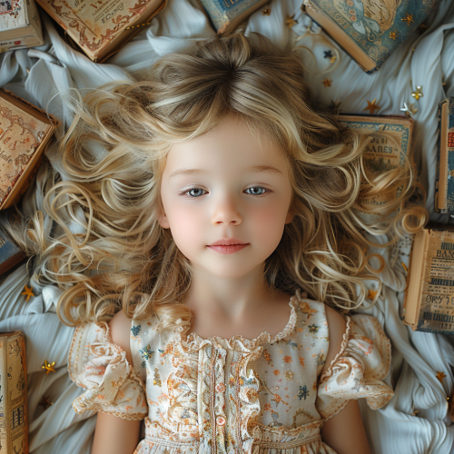 Blonde girl among enchanted books