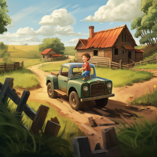 Little Boy in Truck on Green Farm