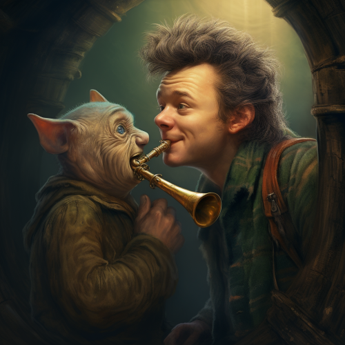 Playful little guy playing pipe