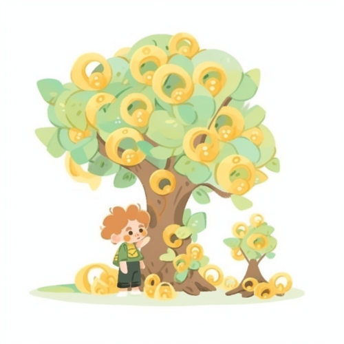 Young boy collecting treasure from a tree