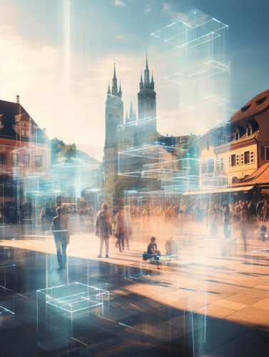Colorful town square with people