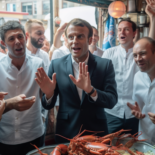 Macron singing with lobsters band