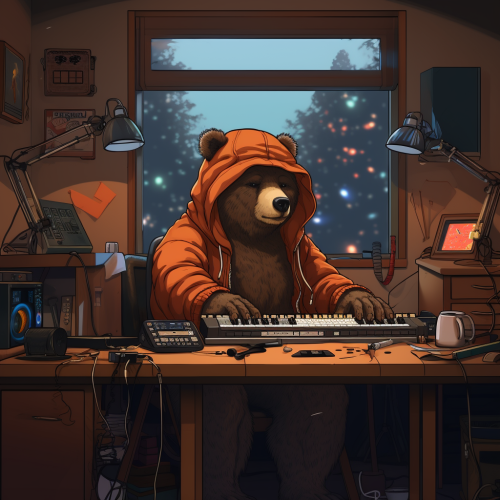 Lofi music producer bear in home studio