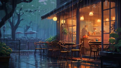 Cozy cafe scene with rainy window view