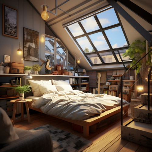 Cozy loft bedroom with minimalistic design