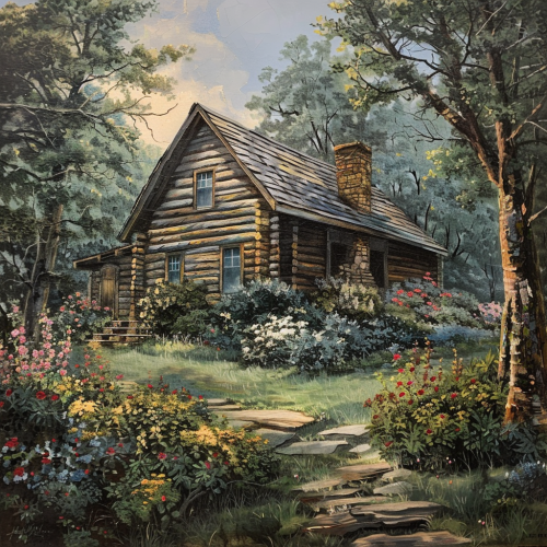 Log cabin with flowers painting
