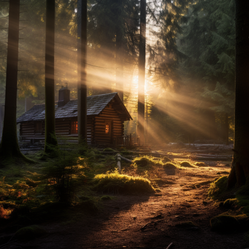 Log cabin in forest with bright light Log cabin in forest with bright light