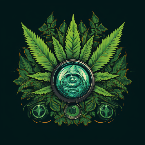 Logo with binoculars and cannabis leaf reflections