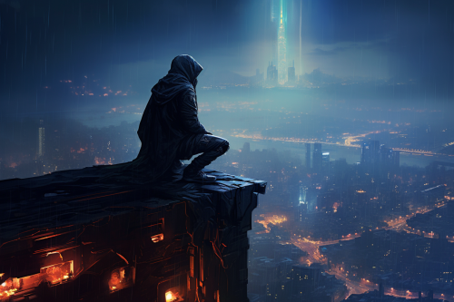 Futuristic figure surveying foggy street